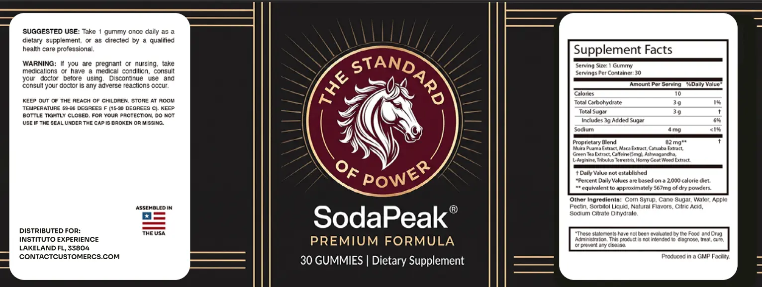 SodaPeak package label with directions and Supplement Facts
